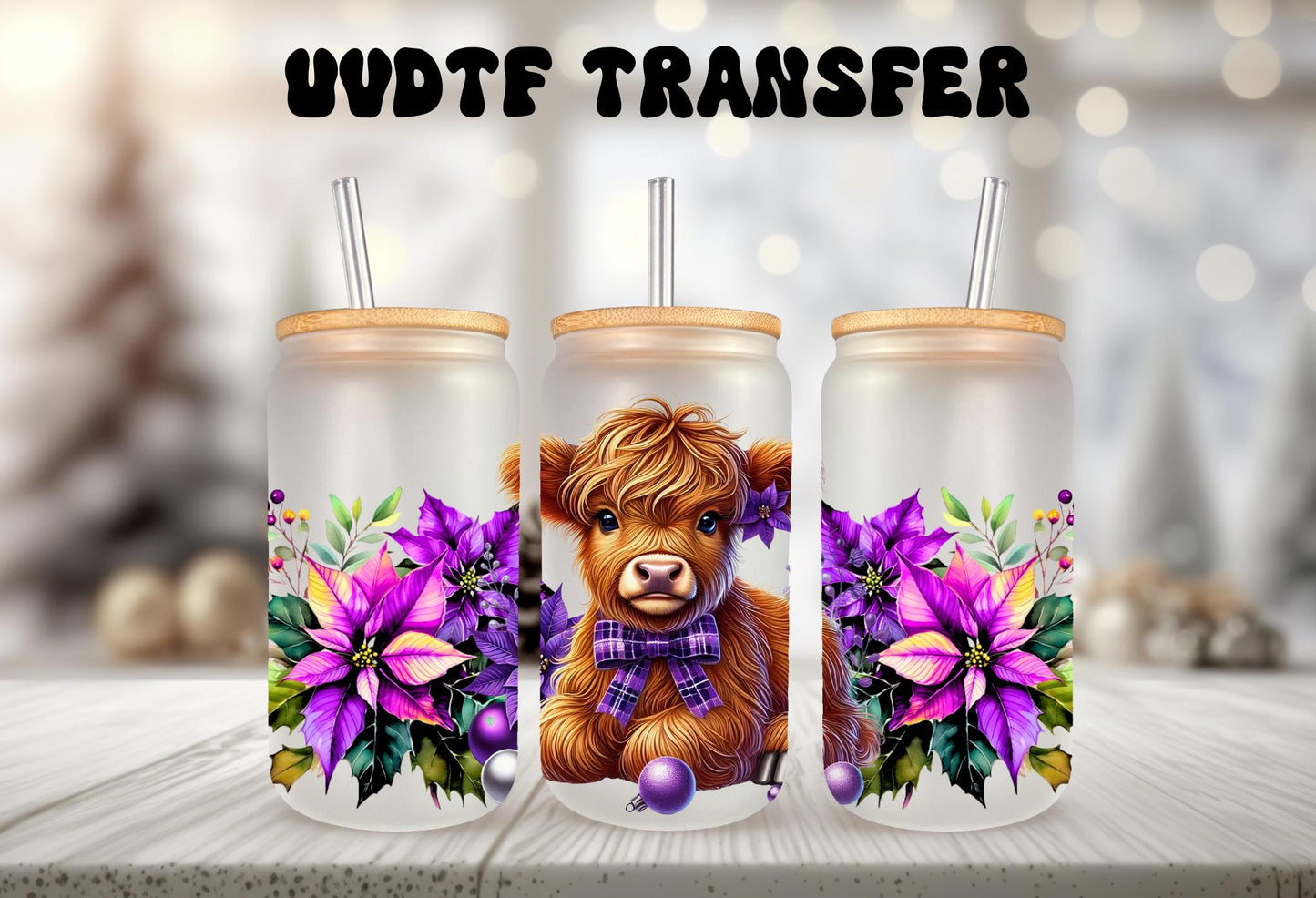 UVDTF Wrap Highland Cow Poinsettias Ornaments Purple 16oz Can Glass Mug Tumbler, Ready to Apply, Permanent Waterproof Adhesive