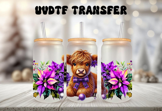 UVDTF Wrap Highland Cow Poinsettias Ornaments Purple 16oz Can Glass Mug Tumbler, Ready to Apply, Permanent Waterproof Adhesive