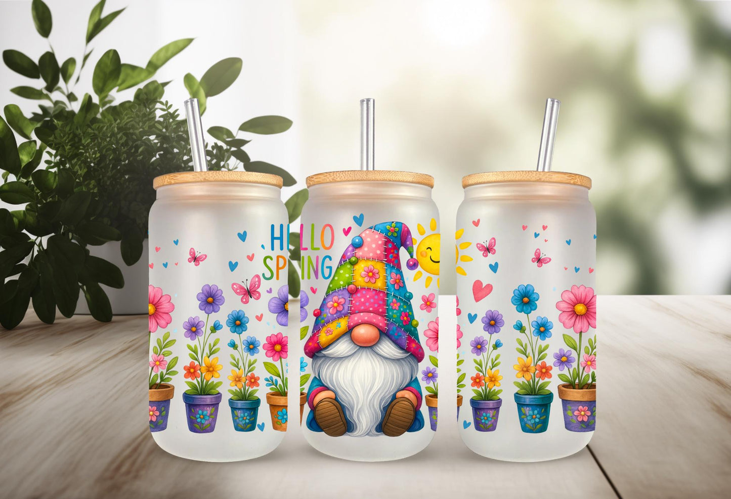 UVDTF Wrap Gnome Hello Spring 16oz Can Glass Mug Tumbler Wrap, Gnome Wrap, Ready to apply, Permanent Waterproof Adhesive