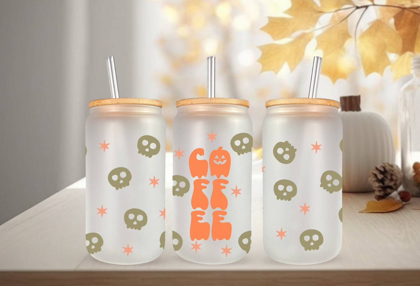 UVDTF  Wrap Skull Coffee Pumpkin for 16oz Can Glass, Mug, or Tumbler, Halloween Candy, Ready to apply, Permanent Adhesive Waterproof