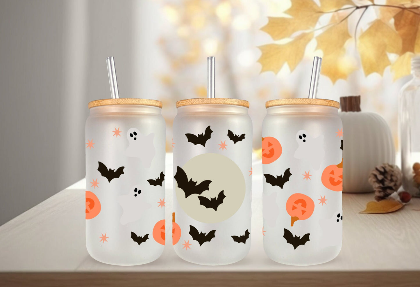 UVDTF Wrap Ghost Bats Moon Pumpkin for 16oz Can Glass, Mug, or Tumbler, Halloween Candy, Ready to apply, Permanent Adhesive Waterproof