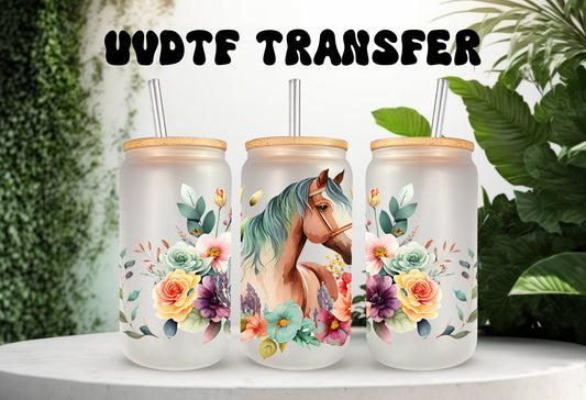 UVDTF Wrap Floral Horse 16oz Can Wrap Mug Mug Tumbler, Floral wrap, Ready to apply, Permanent Adhesive Waterproof, Add on a Cup