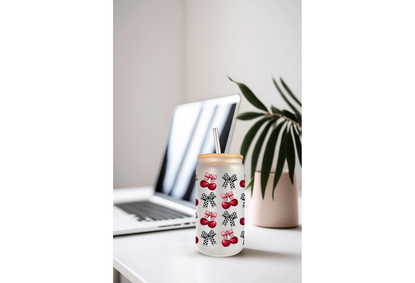 UVDTF Wrap Cherry Checkered Bows 16oz Can Glass Mug Tumbler Wrap, Geese Wrap, Ready to apply, Permanent Adhesive, Double sided option