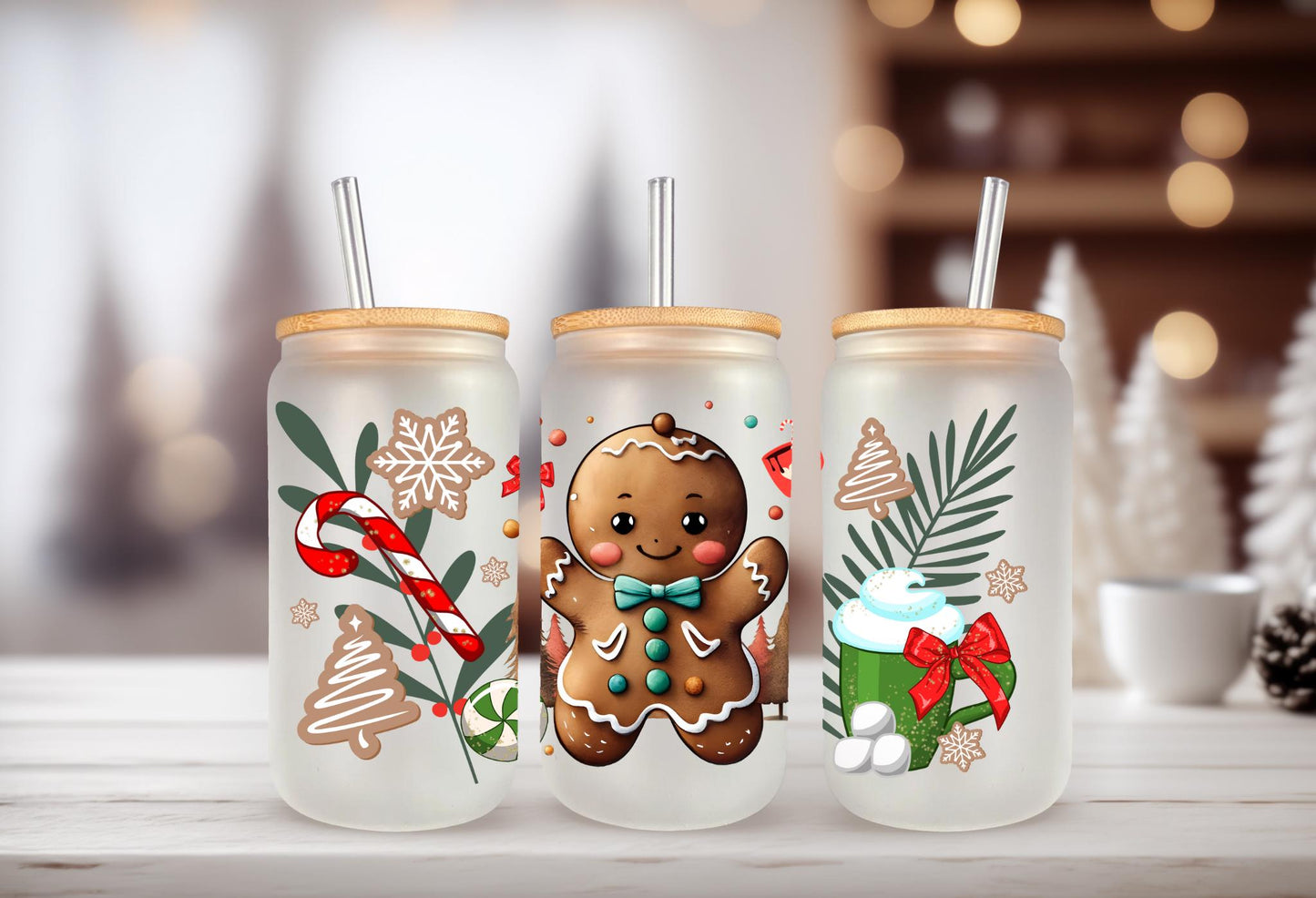 UVDTF WRAP Gingerbread Man Christmas 16 oz Can Glass Mug Tumbler, Christmas Wrap, Ready to apply, Waterproof Permanent Adhesive