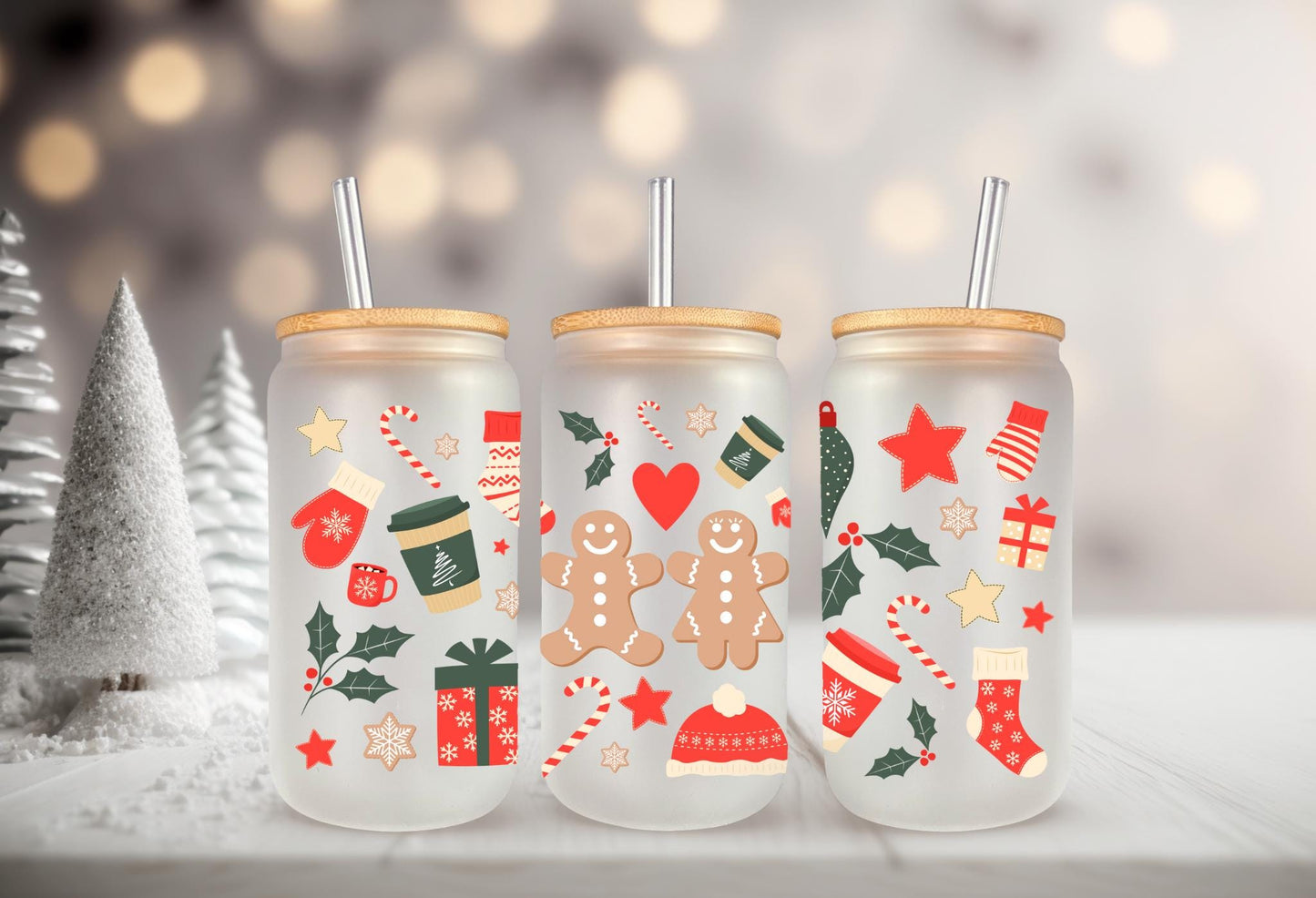 UVDTF WRAP Gingerbread Man Christmas 16oz Can Glass Mug Tumbler, Ready to apply, Waterproof Permanent Adhesive