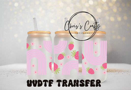 UVDTF Wrap Boho Strawberry Flower 16 oz Can Glass | Ready to use | Permanent Waterproof Adhesive | Add on to can glass