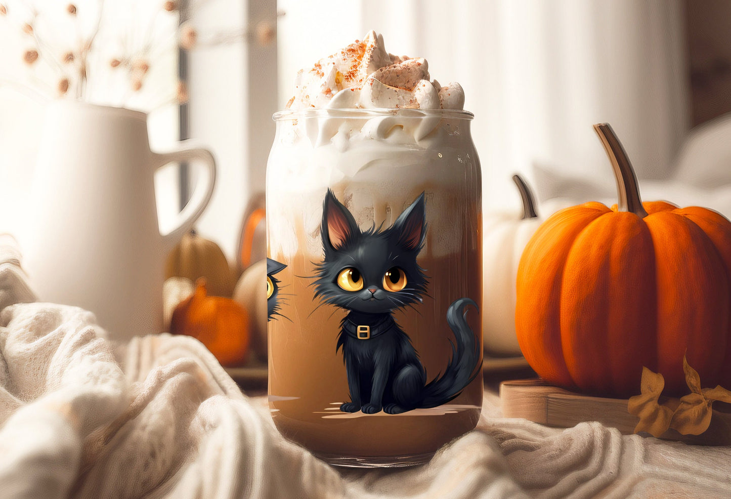 UVDTF Wrap Witch Black Cat 16oz Can Glass Mug Tumbler, Halloween wrap, Double Sided Print Option, Ready to Apply, Permanent Waterproof Adhesive
