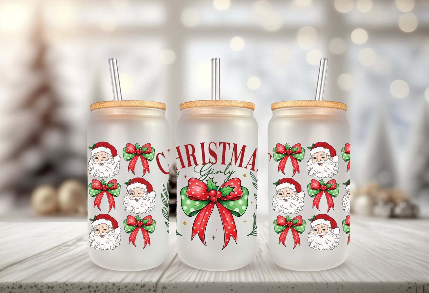 UVDTF Wrap Christmas Girly Coquettes Bows 16oz Can Glass Mug Tumbler, Ready to apply, Exclusive Design, Permanent Waterproof Adhesive