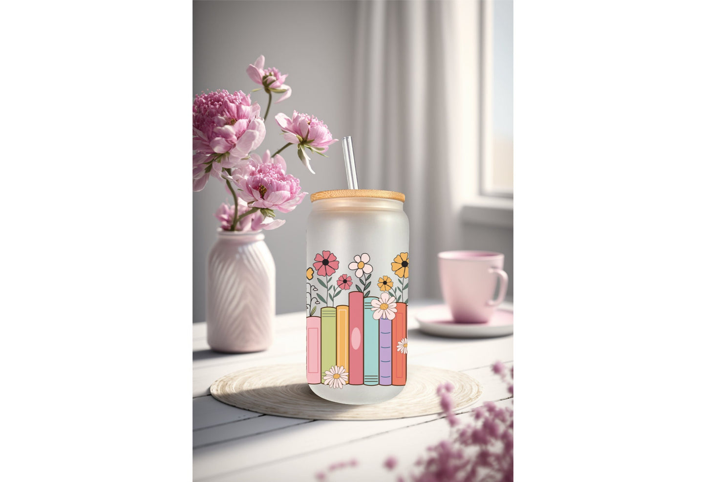 UVDTF Wrap Floral Books 16oz Can Glass Mug Tumbler Wrap, Book Wrap, Ready to Apply, Permanent Adhesive, Double Sided Print