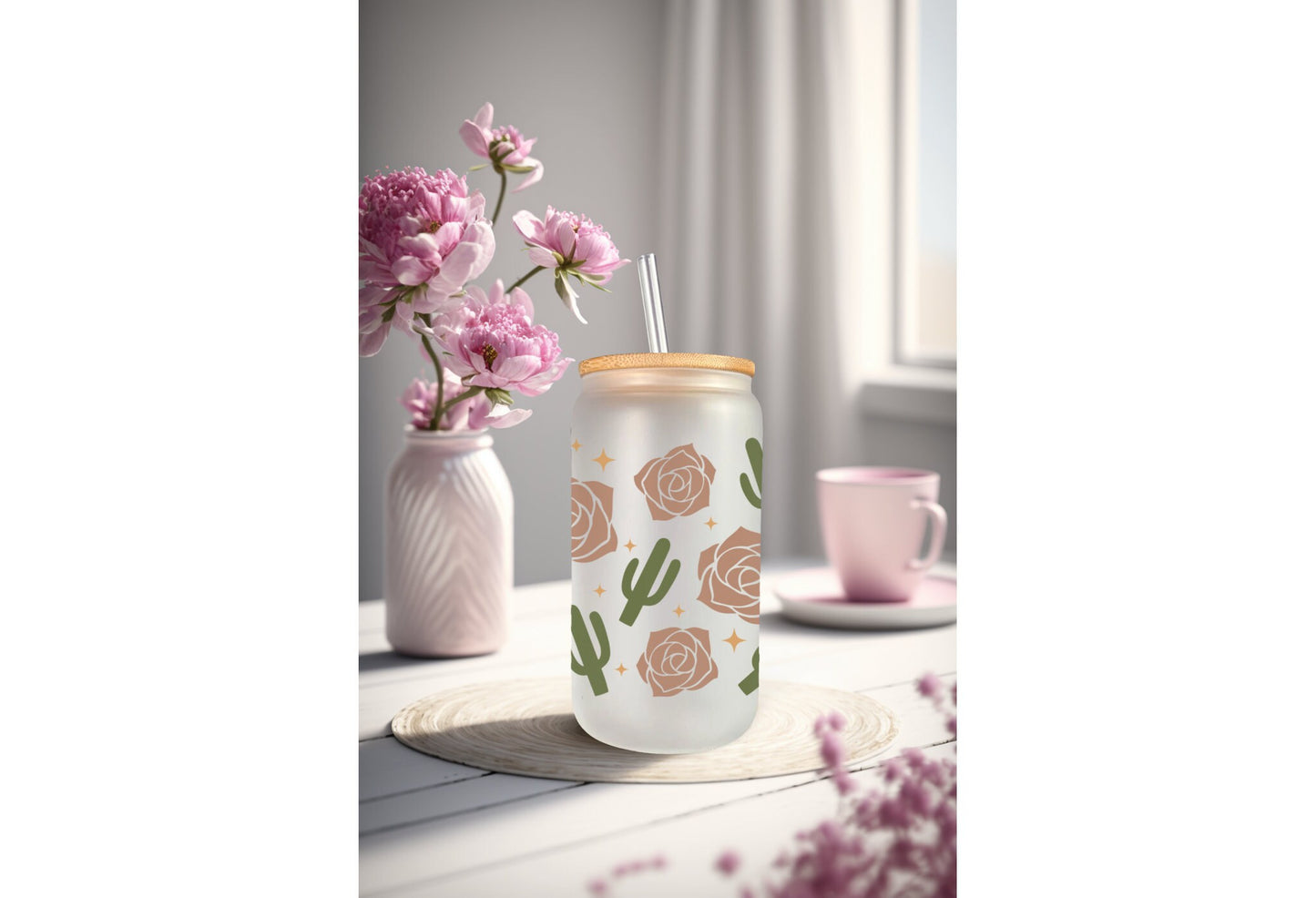 UVDTF Wrap Boho Desert Rose Cactus 16oz Can Glass, Mug, Tumbler, Cactus Wrap, Ready to apply, Permanent Adhesive Waterproof, Add on a Cup