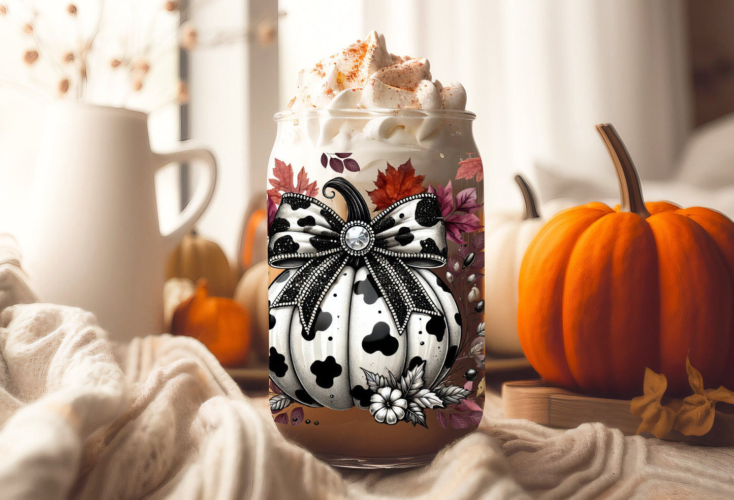 UVDTF Wrap Pumpkin Floral Cow Print 16oz Can Glass, Mug, Tumbler, Ready to Apply, Permanent Waterproof Adhesive, Double Sided Print