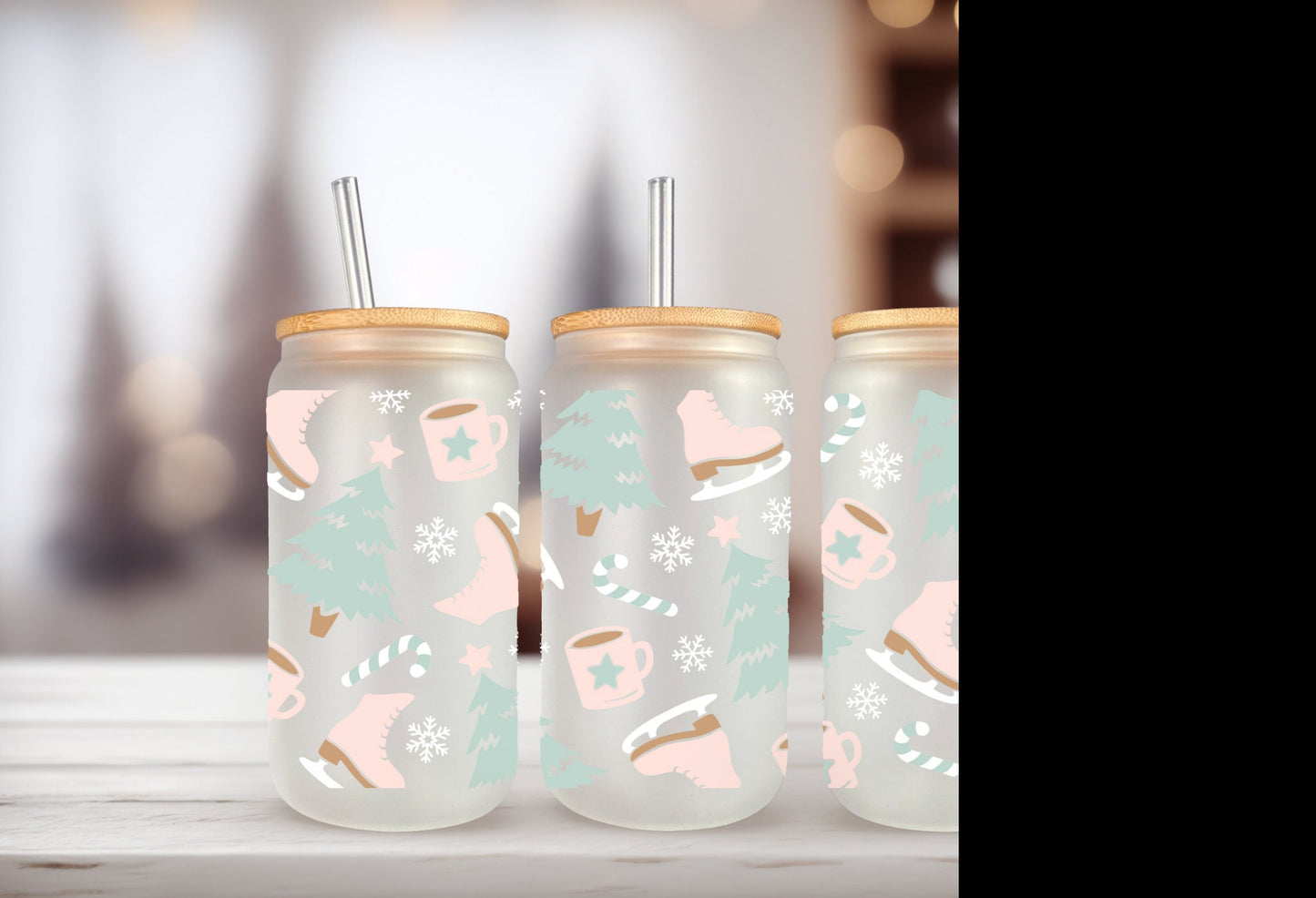 UVDTF Wrap Ice Skates Tree Snowflake Hot Cocoa for 16oz Can Glass Mug Tumbler, Winter Pastel Wrap, Ready to apply, Permanent Adhesive Waterproof