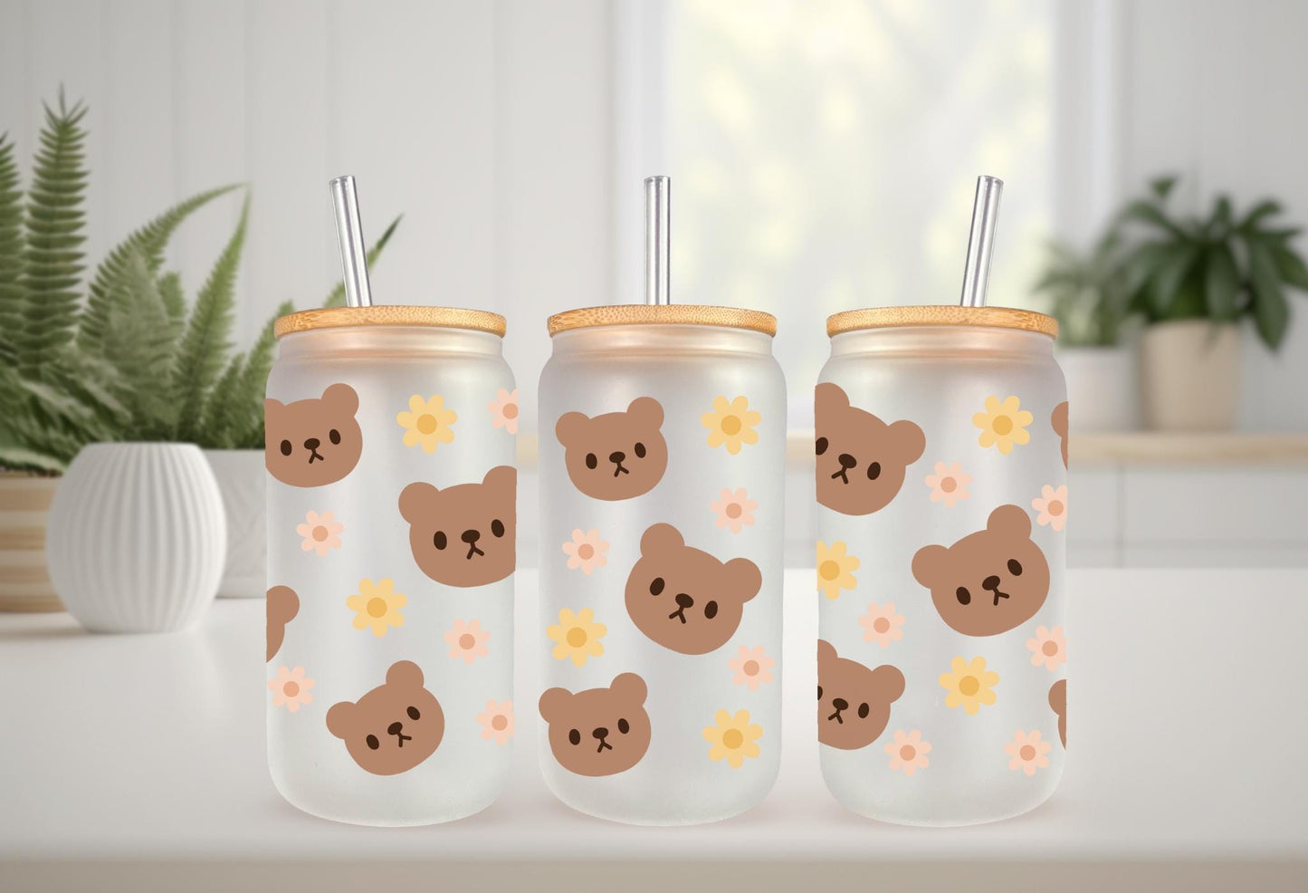 UVDTF Wrap Teddy Bear Light Brown 16oz Can Glass Mug Tumbler, Bear Wrap, Ready to Apply, Permanent Waterproof Adhesive