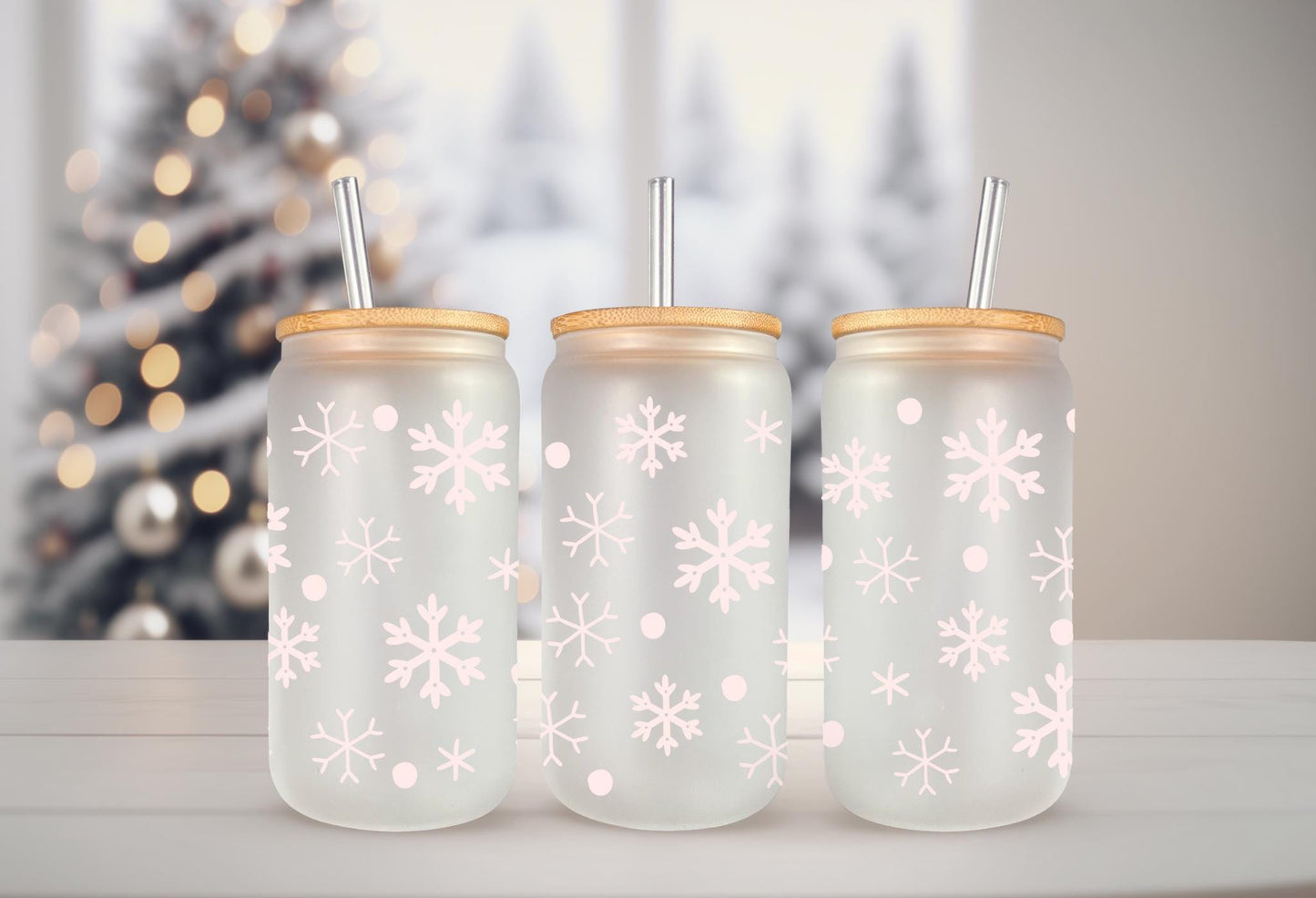 UVDTF Wrap Light Pink Snowflakes 16oz Can Glass Mug Tumbler, Ready to Apply, Permanent Waterproof Adhesive