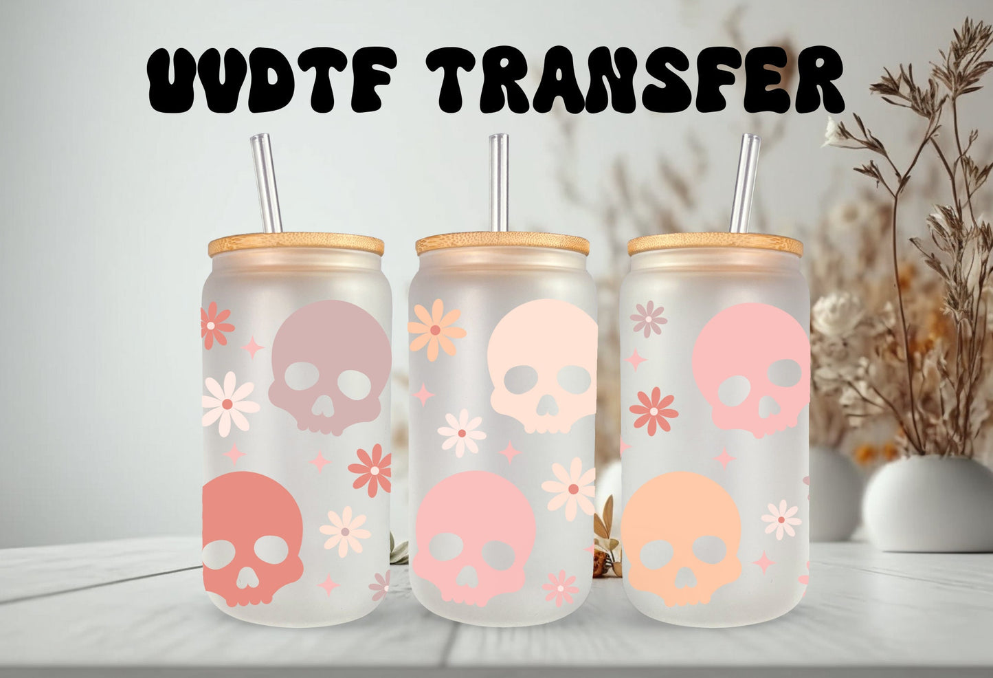 UVDTF Wrap Boho Pastel Skulls Flowers 16oz Can Glass, Mug Tumbler, Ready to apply, Permanent Waterproof Adhesive