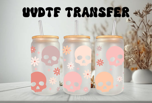 UVDTF Wrap Boho Pastel Skulls Flowers 16oz Can Glass, Mug Tumbler, Ready to apply, Permanent Waterproof Adhesive
