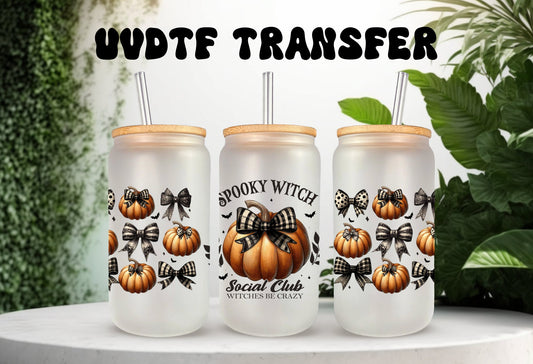 UVDTF Wrap Spooky Witch Social Club Coquettes Bows 16oz Can Glass, Mug, Tumbler, Double Sided Print Option, Ready to apply,