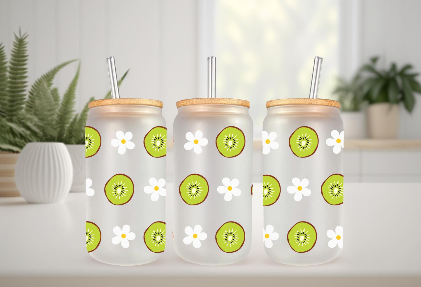 UVDTF Wrap Kiwi & Daisy for 16oz Can Glass Mug Tumbler, Ready to Apply, Permanent Waterproof Adhesive