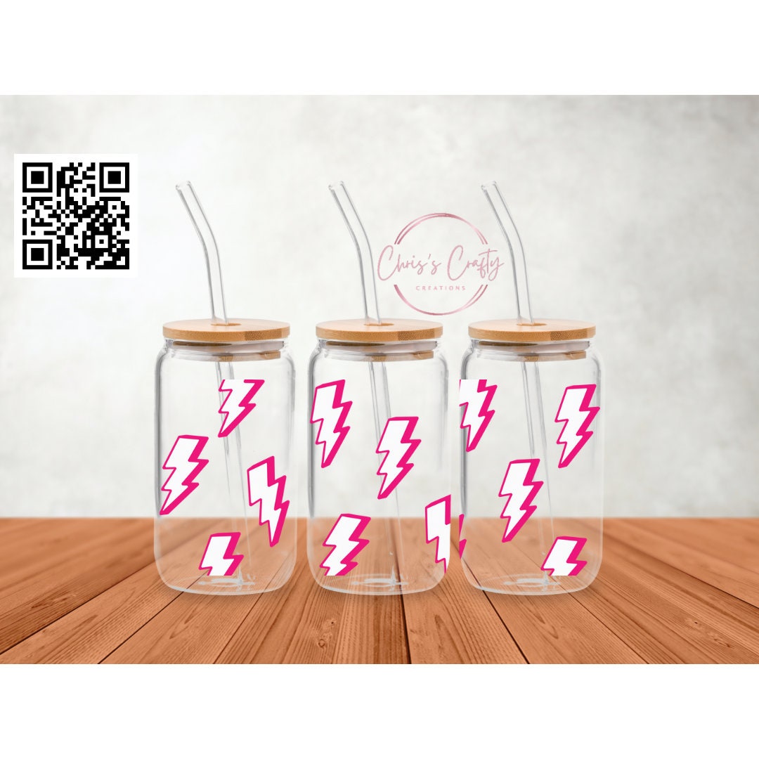 UVDTF Wrap Pink Lightening Bolts for 16oz Can Glass Mug Tumbler, Ready to Apply, Permanent Waterproof Adhesive