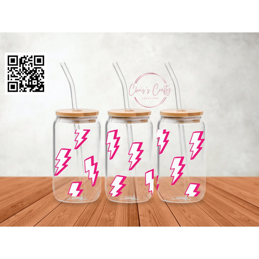 UVDTF Wrap Pink Lightening Bolts for 16oz Can Glass Mug Tumbler, Ready to Apply, Permanent Waterproof Adhesive