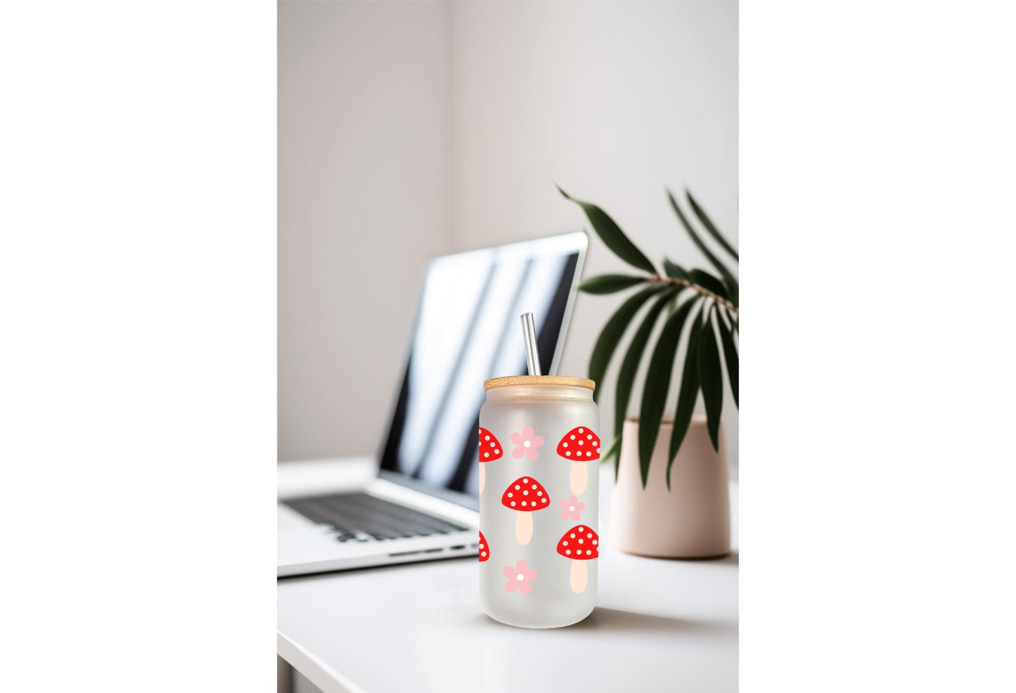 UVDTF Wrap Red Mushrooms Floral 16oz Can Glass Mug Tumbler, Mushroom Floral Wrap, Ready to apply, Permanent Waterproof Adhesive