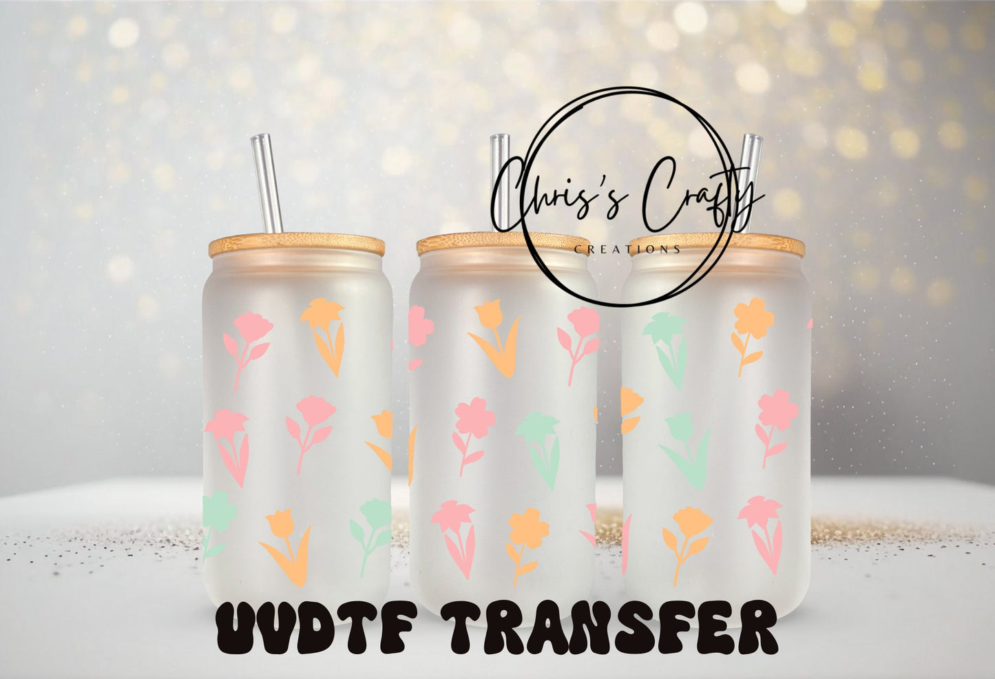 UVDTF Wrap Spring Pastel Flowers 16 oz Can Glass Mug Tumbler, Spring Flowers, Ready to apply, Permanent Waterproof Adhesive