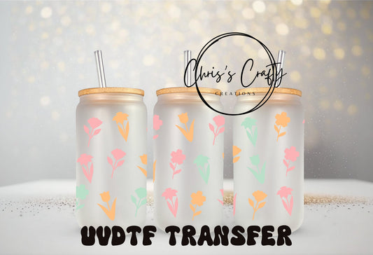 UVDTF Wrap Spring Pastel Flowers 16 oz Can Glass Mug Tumbler, Spring Flowers, Ready to apply, Permanent Waterproof Adhesive