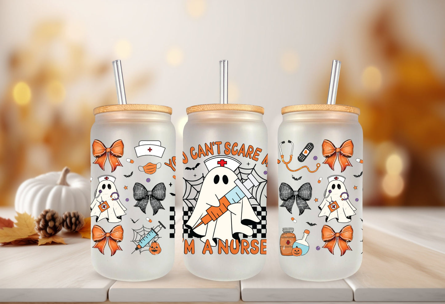 UVDTF Wrap Ghost You Can’t Scare Me I’m a Nurse Coquette Bows 16oz Can Glass, Mug,  40oz Tumbler, Halloween Wrap, Permanent Adhesive