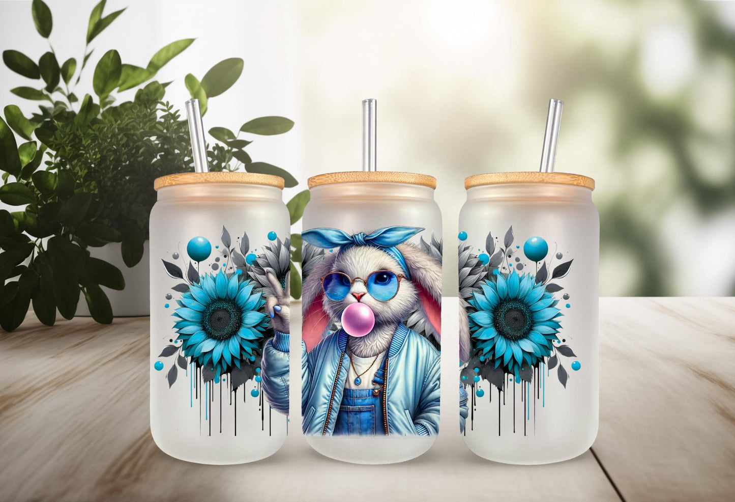 UVDTF Wrap Floral Bunny Bubble Gum 16oz Can Glass Mug Tumbler, Ready to Apply, Permanent Waterproof Adhesive