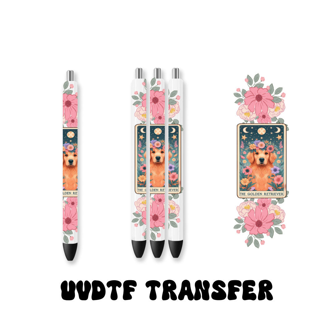 UVDTF Pen Wrap Golden Retriever Tarot Card Retro Flower, Dog Pen wrap, Pen Wrap, Epoxy Pen Wrap, Permanent Waterproof Adhesive, Ready to Apply