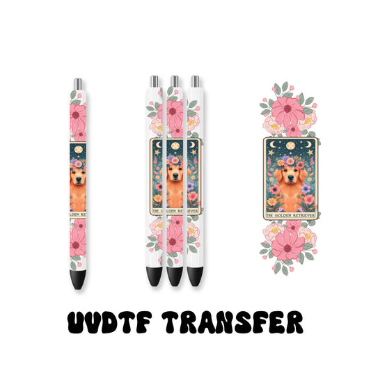 UVDTF Pen Wrap Golden Retriever Tarot Card Retro Flower, Dog Pen wrap, Pen Wrap, Epoxy Pen Wrap, Permanent Waterproof Adhesive, Ready to Apply