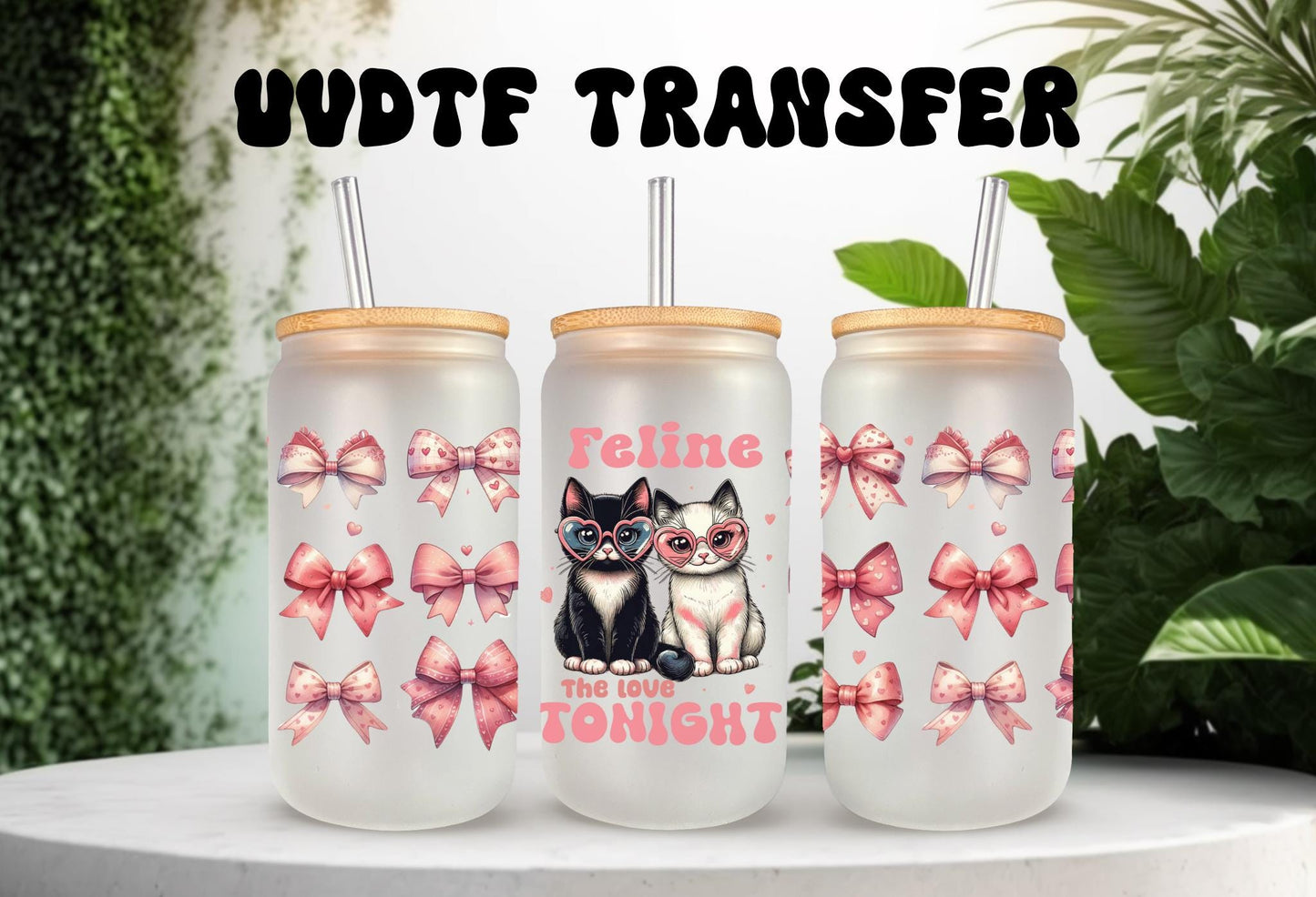 UVDTF Wrap Valentine’s Cat Feline the Love Tonight 16oz Can Glass Mug Tumbler, Valentine wrap, Ready to Apply, Permanent Waterproof Adhesive