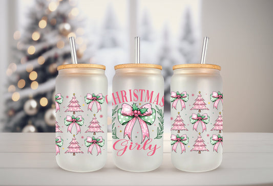 UVDTF Wrap Christmas Girly Coquettes Bows 16oz Can Glass, Mug,  40oz  Tumbler, Ready to apply, Christmas Wrap, Pink Green Wrap