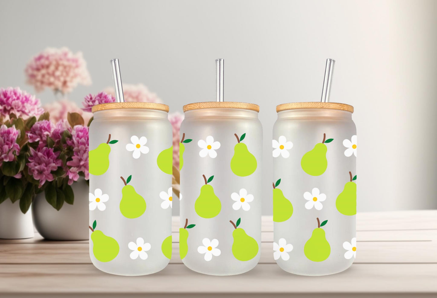 UV DTF Wrap Pears & Daisy for 16oz Can Glass Mug Tumbler, Ready to Apply, Permanent Waterproof Adhesive