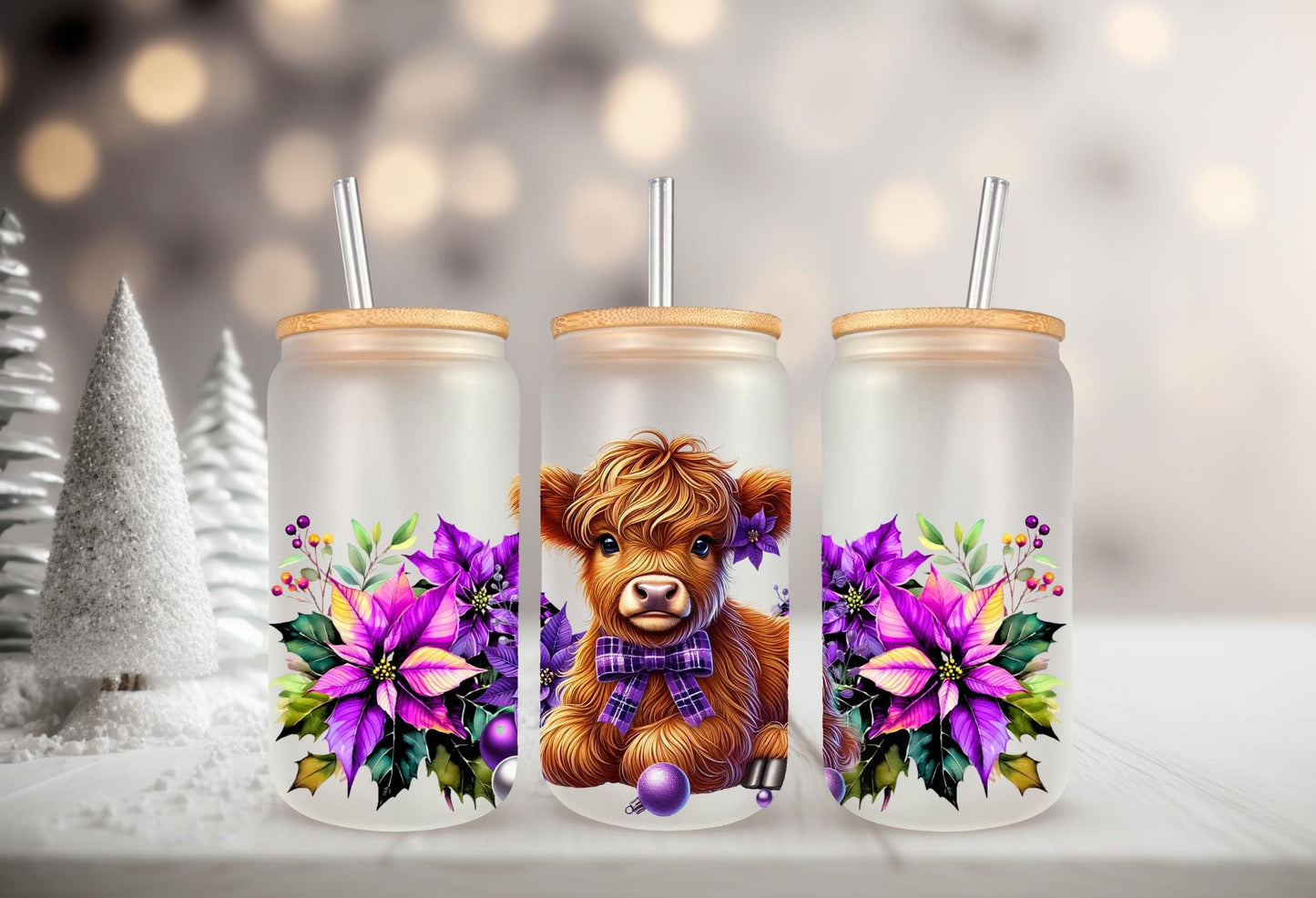 UVDTF Wrap Highland Cow Poinsettias Ornaments Purple 16oz Can Glass Mug Tumbler, Ready to Apply, Permanent Waterproof Adhesive