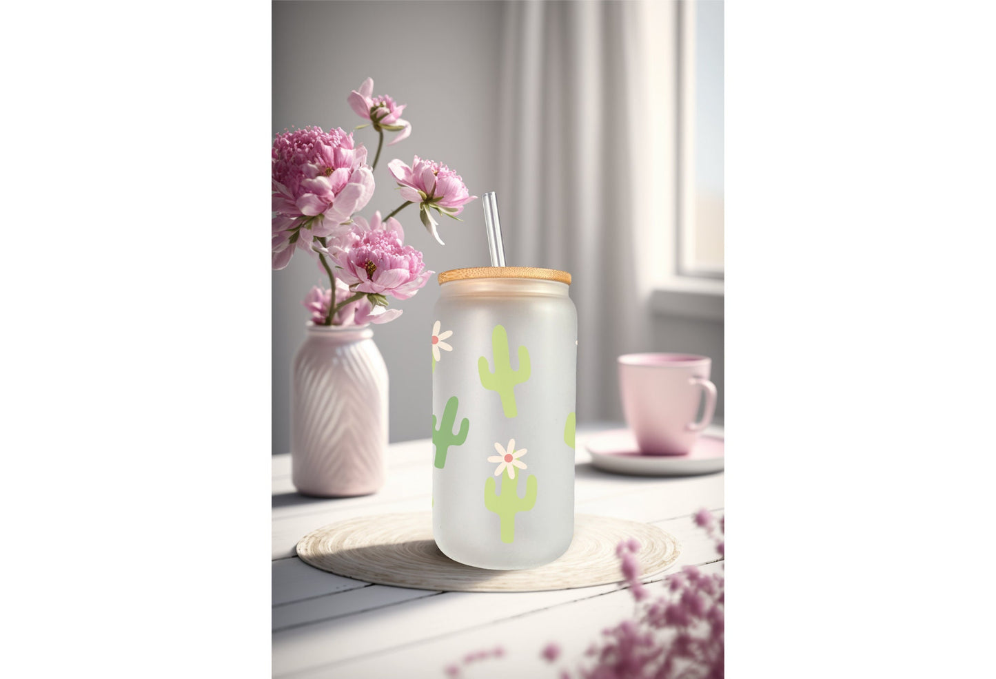 UVDTF Wrap Cactus Flower 16oz Can Glass, Mug, Tumbler, Cactus Wrap, Ready to apply, Permanent Adhesive Waterproof, Add on a Cup