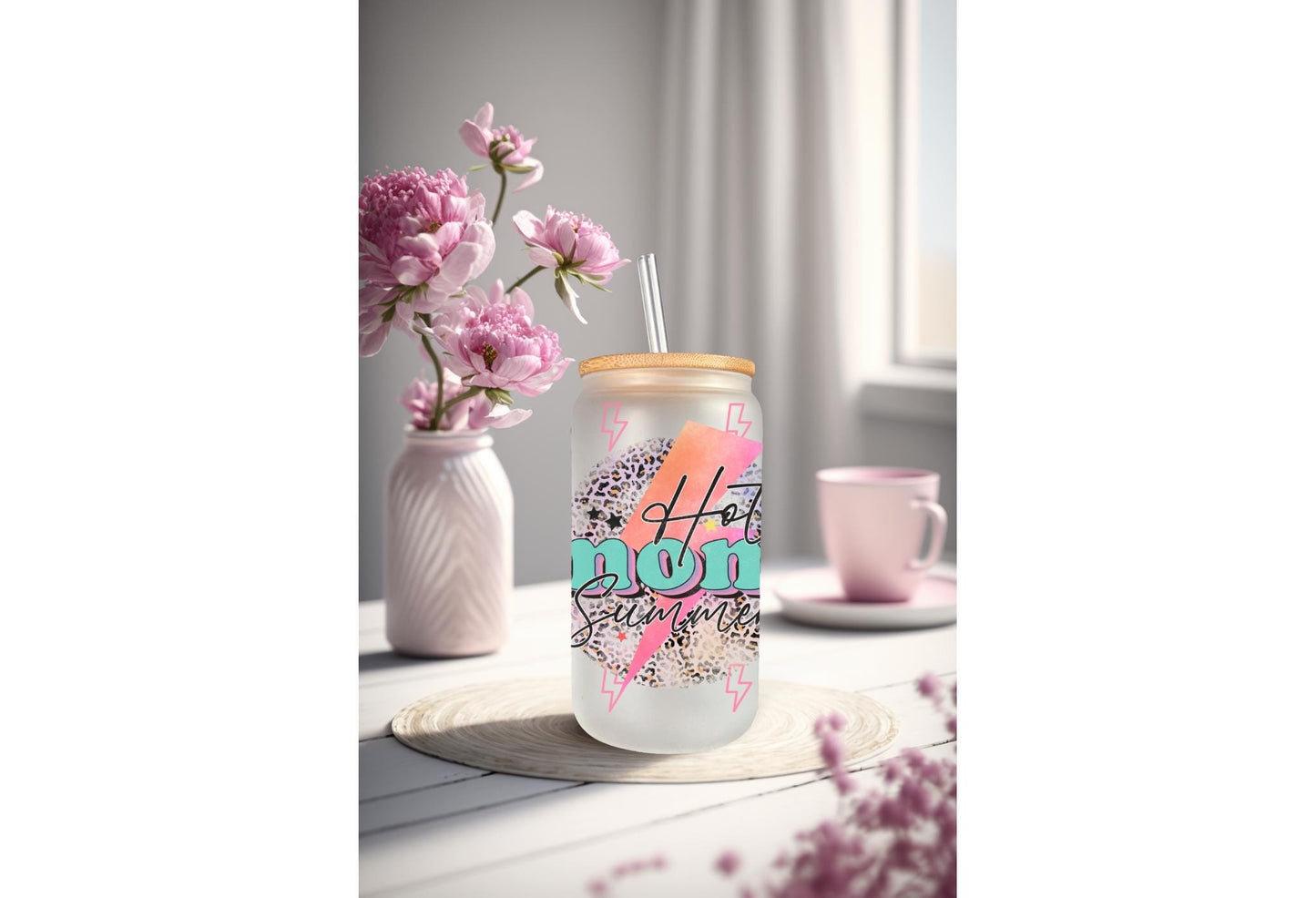 UVDTF Wrap Hot Mom Summer Lightning Bolt 16oz Can Glass Mug Tumbler, Ready to apply, Permanent Waterproof Adhesive