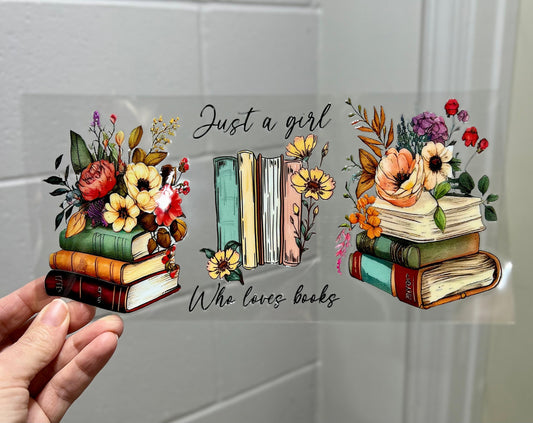 UVDTF Wrap Books Girl Who Loves Books 16oz Can Glass Mug Tumbler,  Ready to apply, Permanent Waterproof Adhesive