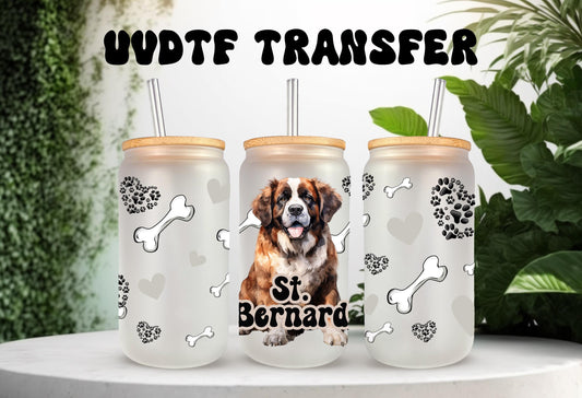 UVDTF Wrap St. Bernard 16oz Can Glass Mug Tumbler, Dog Wrap, Ready to apply, Permanent Waterproof Adhesive, Bundle Save Option