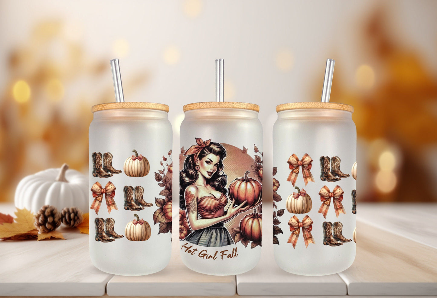 UVDTF Wrap Hot Girl Fall Coquette Bows for 16oz Can Glass Tumbler, Ready to Apply, Permanent Waterproof Adhesive