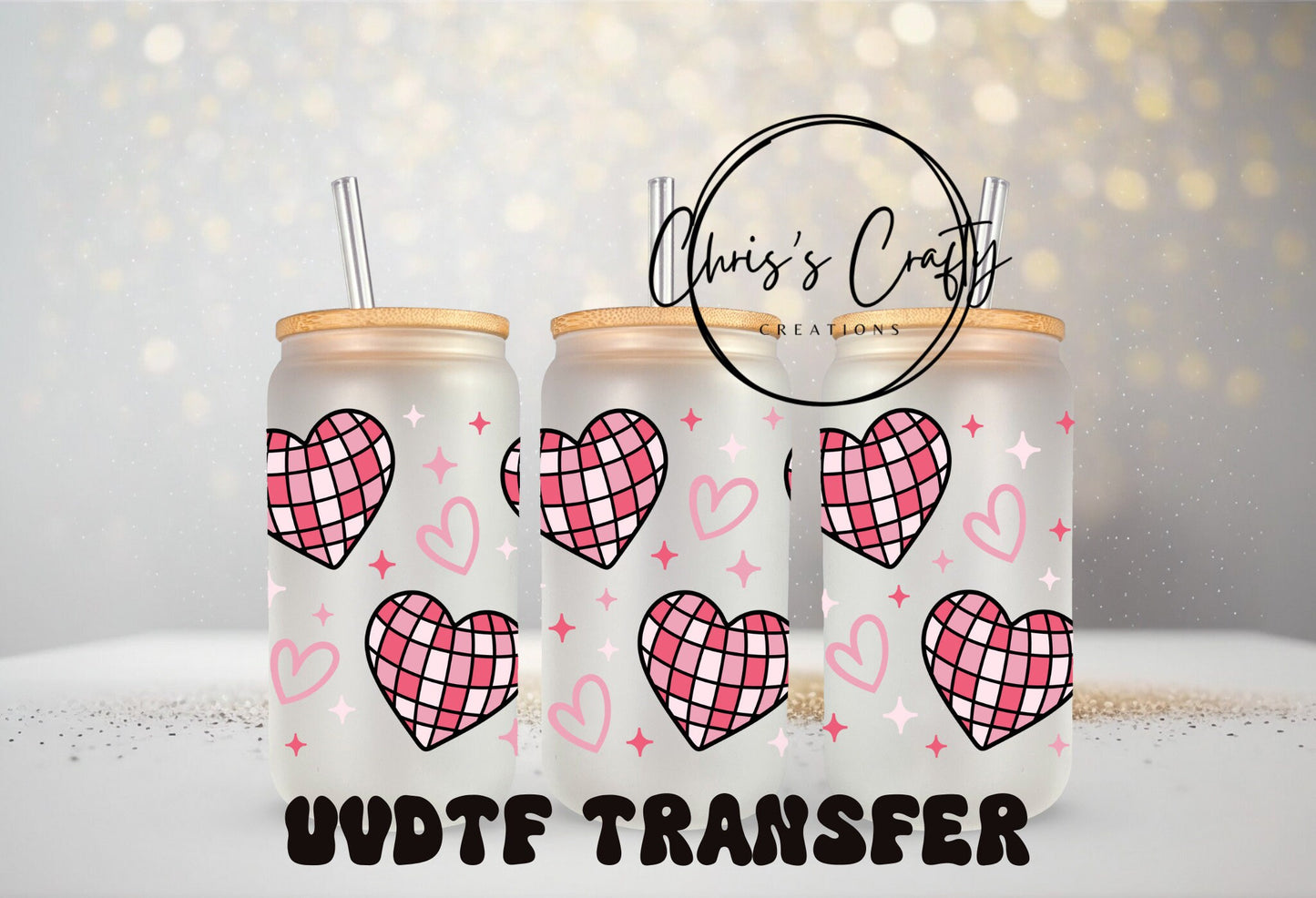 UVDTF Wrap Disco Ball Hearts for 16oz or 20oz Can Glass Mug Tumbler, Ready to Apply, Permanent Waterproof Adhesive