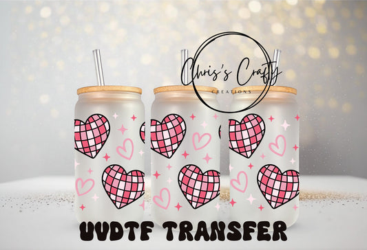 UVDTF Wrap Disco Ball Hearts for 16oz or 20oz Can Glass Mug Tumbler, Ready to Apply, Permanent Waterproof Adhesive