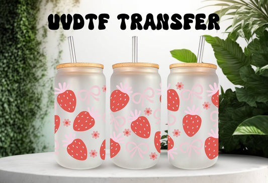UVDTF Wrap Strawberry Coquette Bows for 16 oz Can Glass, Mug, Tumbler, Mug, Ready to Apply, Permanent Waterproof Adhesive, Apply to Cup