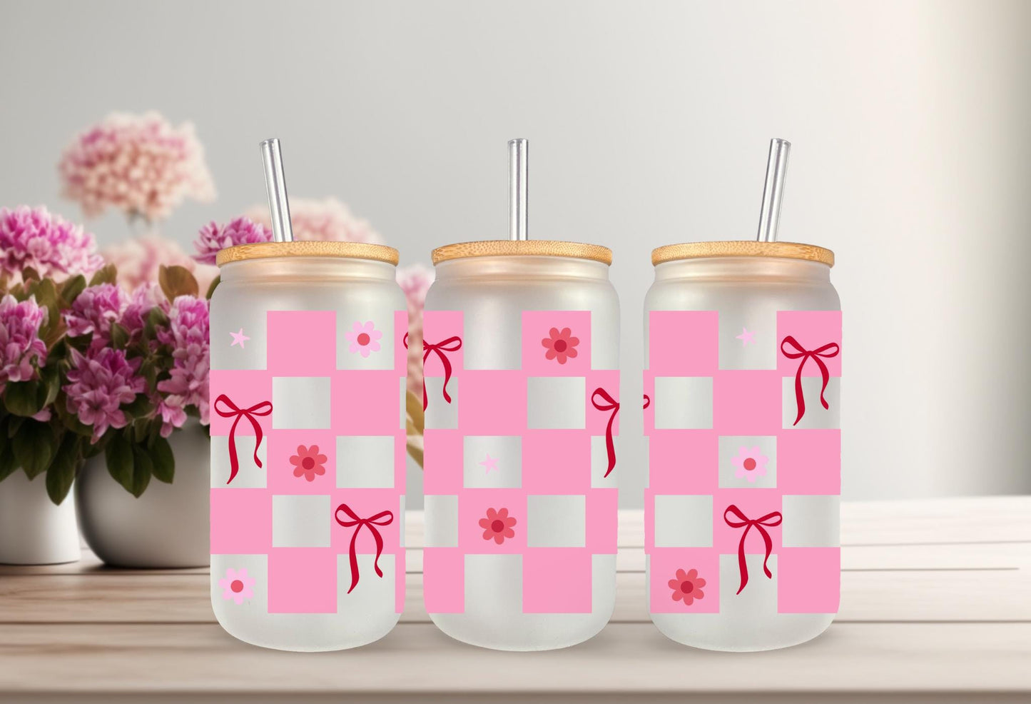 UVDTF Wrap Coquette Bows Checkered Dark Pink 16oz Can Glass Wrap Mug Tumbler, Ready to Apply, Permanent Waterproof Adhesive
