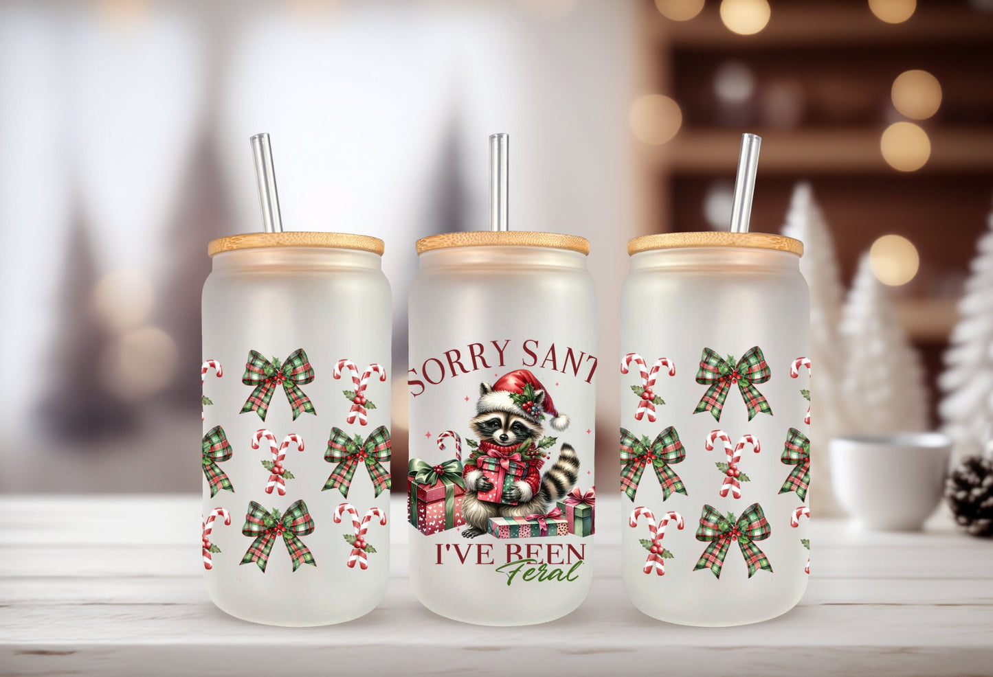 UVDTF Wrap Sorry Santa I’ve Been Feral Racoon Coquettes Bows 16oz Can Glass, Mug,  40oz  Tumbler, Ready to apply, Christmas Wrap