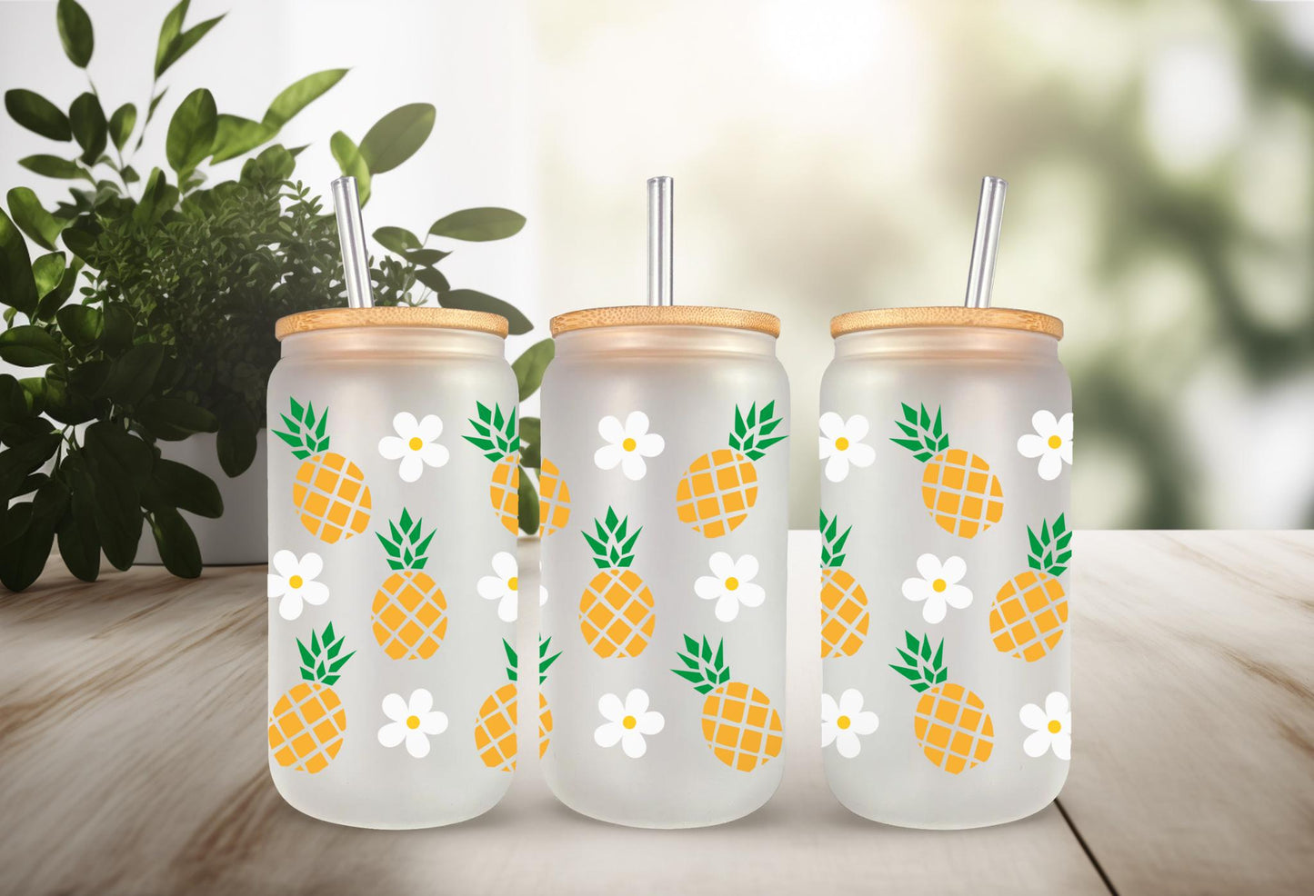 UV DTF Wrap Transfer for 16 oz Can Glass - pineapple & Daisy Design Perfect for Crafting, Custom Drinkware, Tumblers, and Gifts