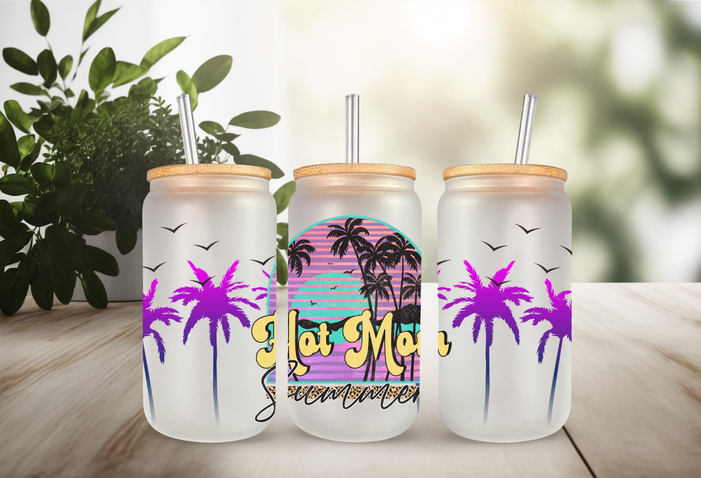 UVDTF Wrap Hot Mom Summer Palms for 16oz Can Glass Mug Tumbler, Ready to apply, Permanent waterproof adhesive