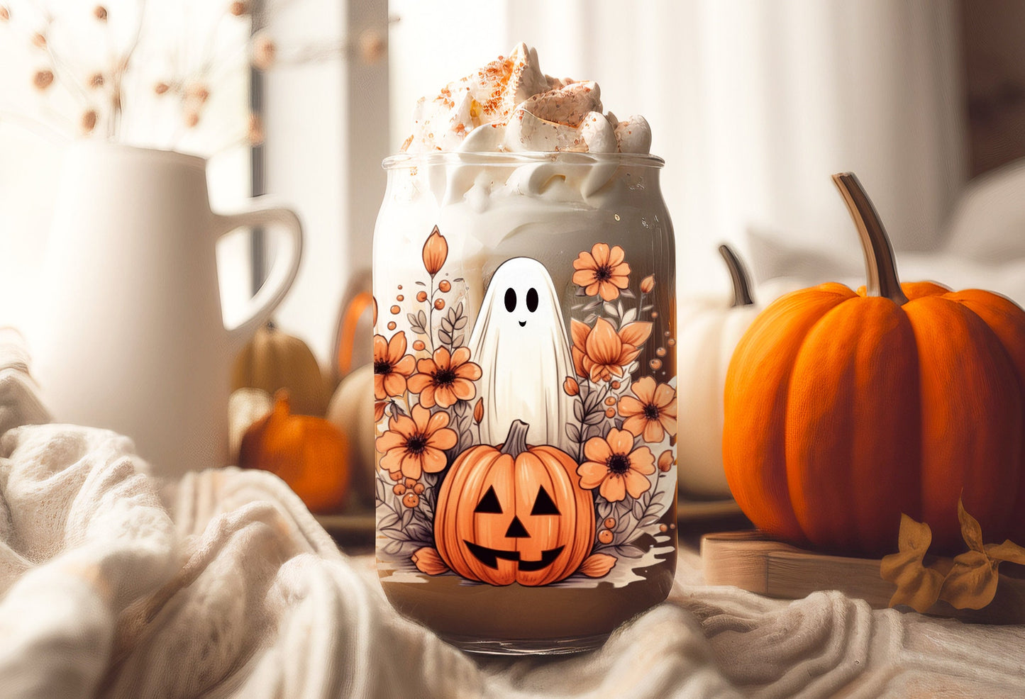 UVDTF Decal Pumpkin Floral Ghost 16oz Can Glass Mug Tumbler, Fall Decal, Ready to Apply, Permanent Waterproof Adhesive, add on a cup