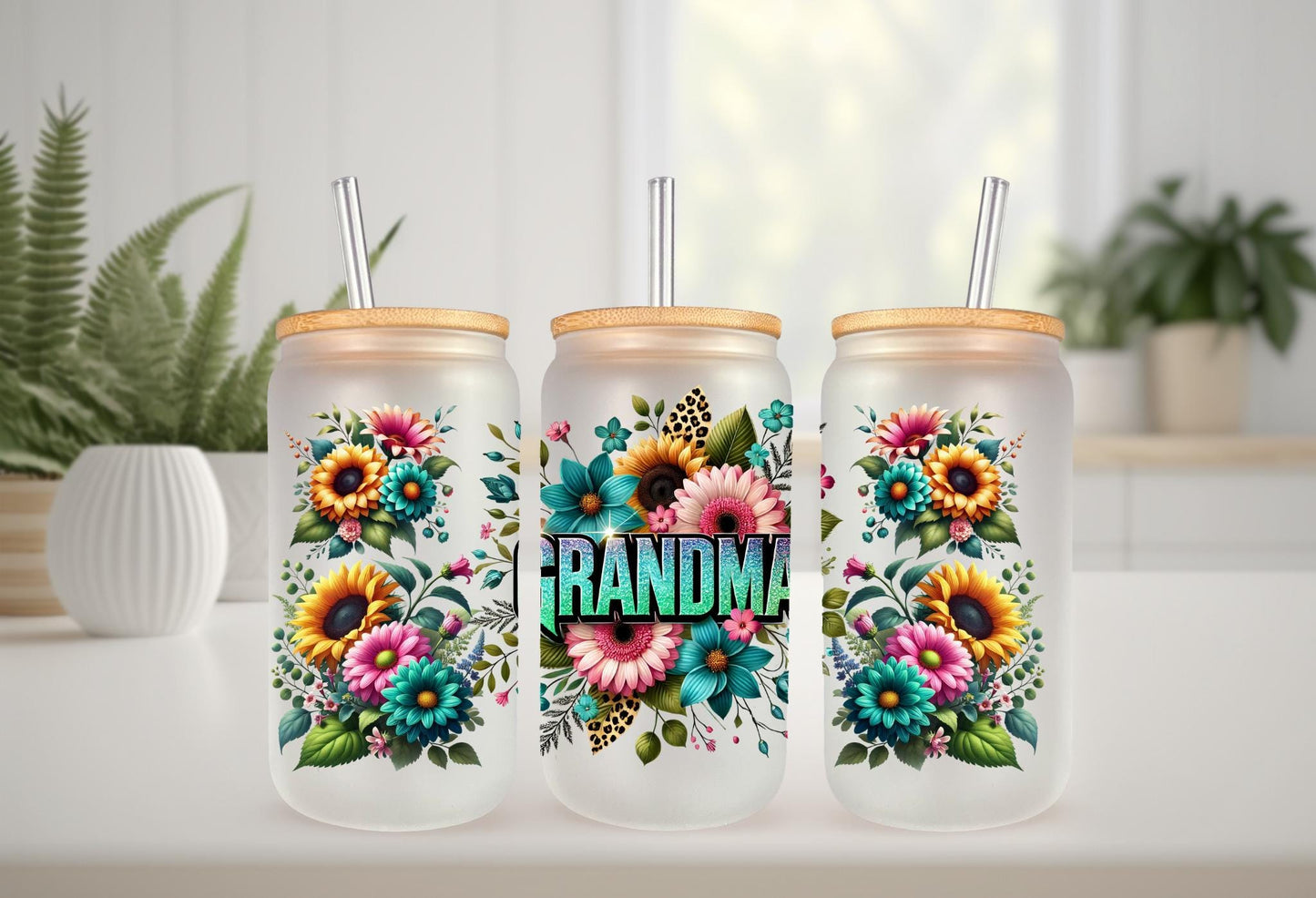 UVDTF Wrap Floral Grandma for 16oz Can Glass Mug Tumbler, Grandmother Wrap, Ready to Apply, Permanent Waterproof Adhesive
