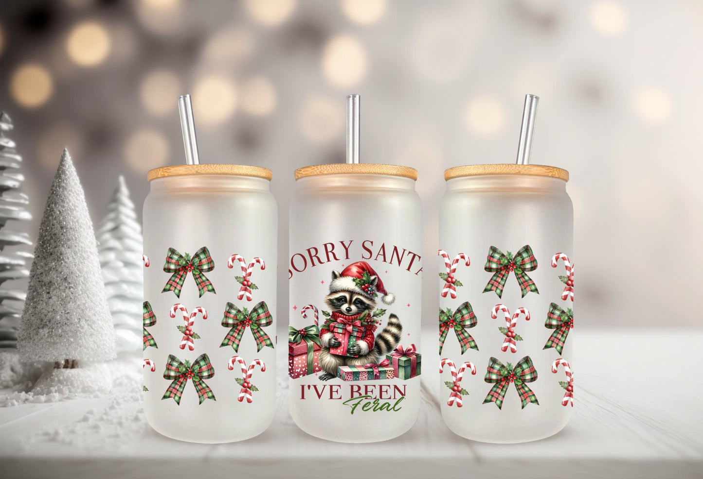 UVDTF Wrap Sorry Santa I’ve Been Feral Racoon Coquettes Bows 16oz Can Glass, Mug,  40oz  Tumbler, Ready to apply, Christmas Wrap